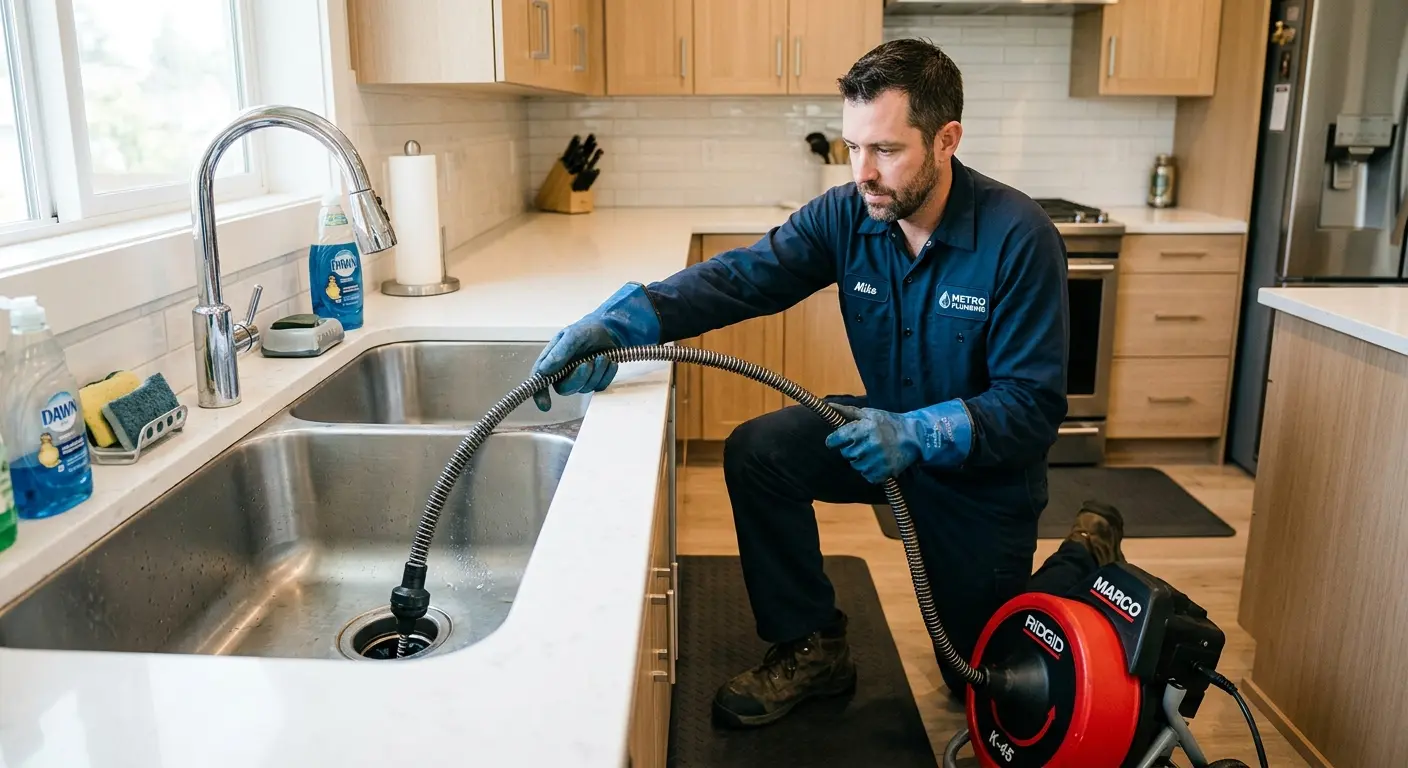 Drain cleaning technician using a motorized snake on a kitchen sink in Howell