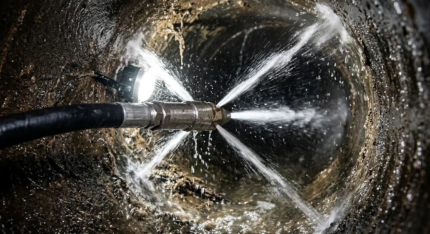 High-pressure hydro jetting nozzle cleaning sewer pipe for Emergency Drain Service in Howell
