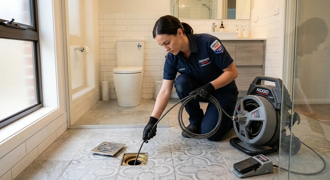Technician clearing a bathroom floor drain for Sewer Line Replacement in Howell